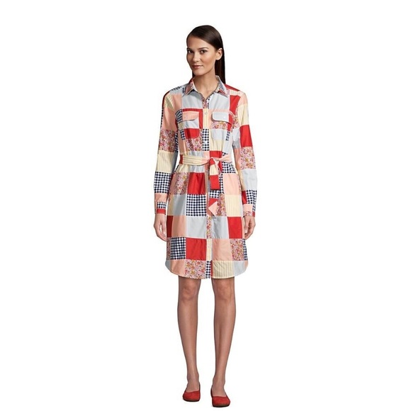 Lands End 100% Cotton Patchwork Button Front Long Sleeve Belted Small pockets - Picture 1 of 16